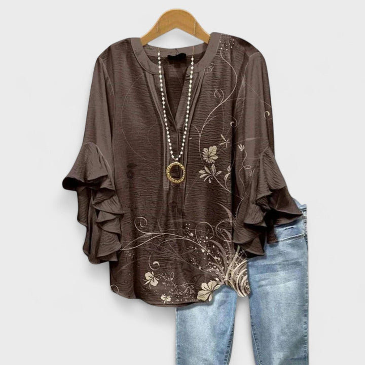 Women Linen V Neck Blouse Tiered Ruffle Bell Sleeve Floral Print Tunic Top