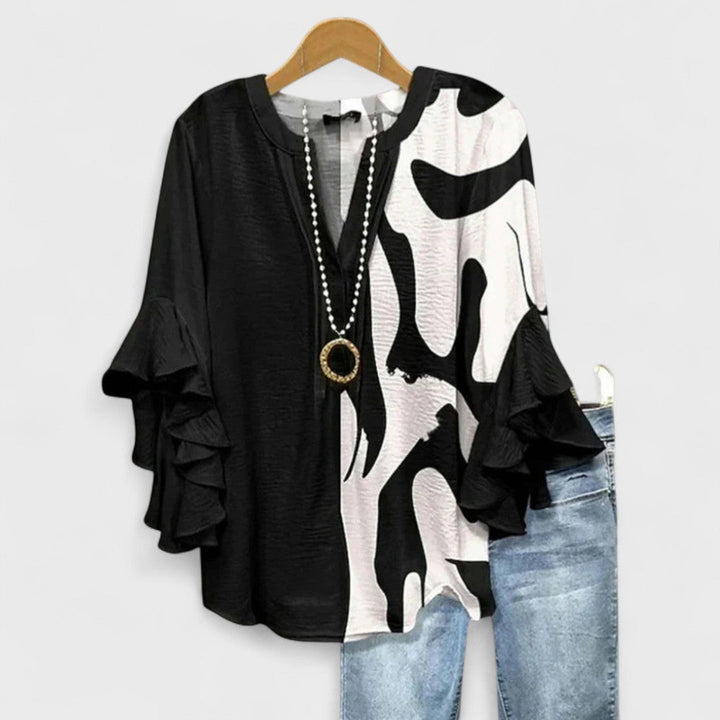 Women Linen V Neck Blouse Tiered Ruffle Bell Sleeve Floral Print Tunic Top
