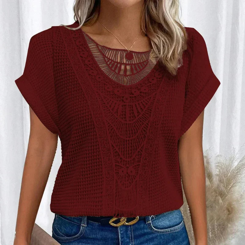 Knit Top Women's Round Neck Lace Trim Short Sleeve Shirt