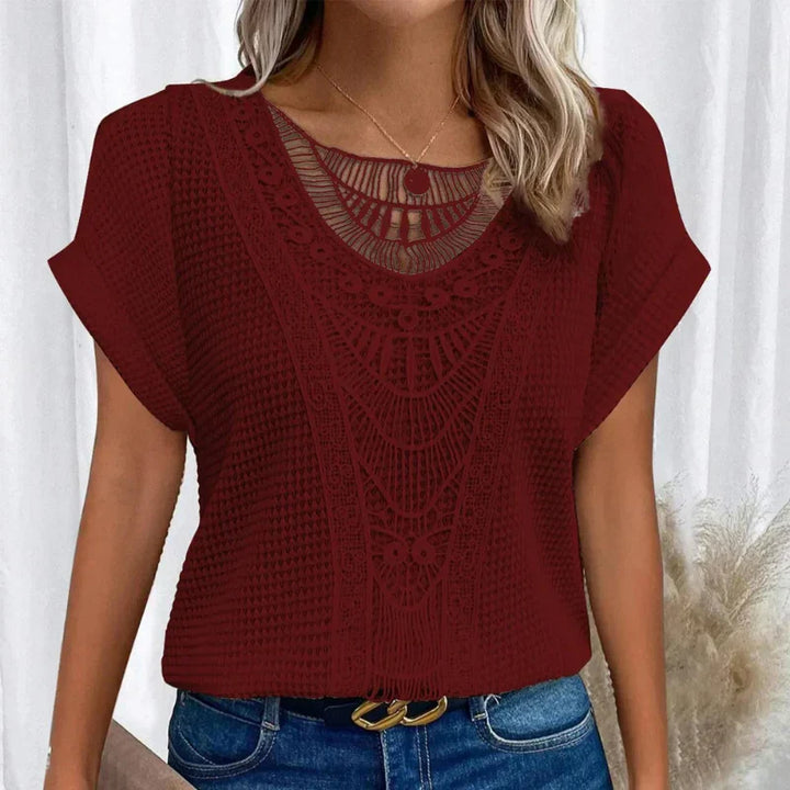 Knit Top Women's Round Neck Lace Trim Short Sleeve Shirt