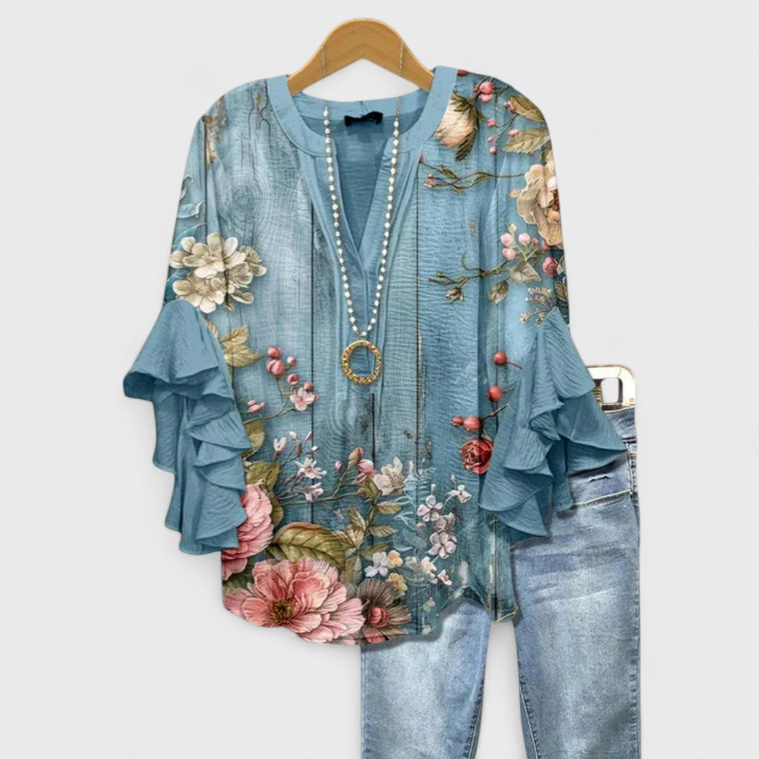 Women Linen V Neck Blouse Tiered Ruffle Bell Sleeve Floral Print Tunic Top
