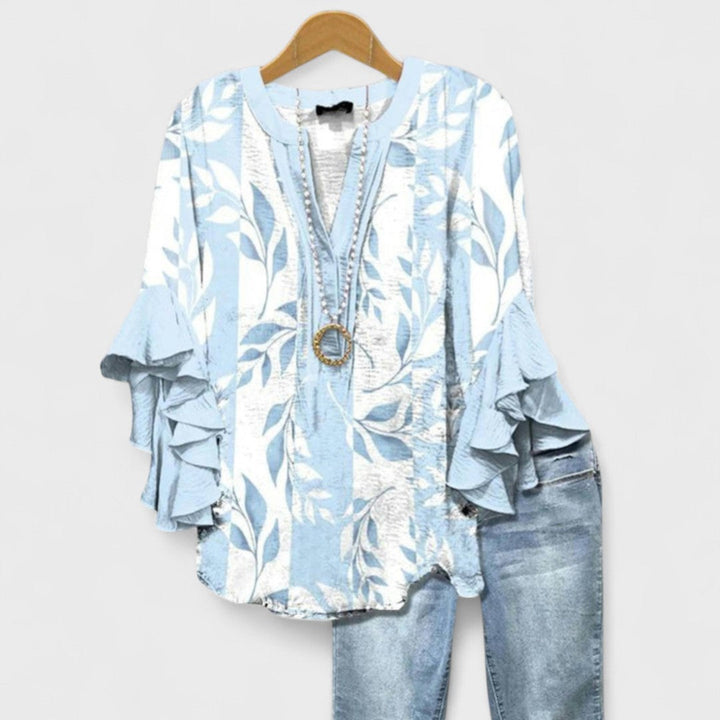 Women Linen V Neck Blouse Tiered Ruffle Bell Sleeve Floral Print Tunic Top