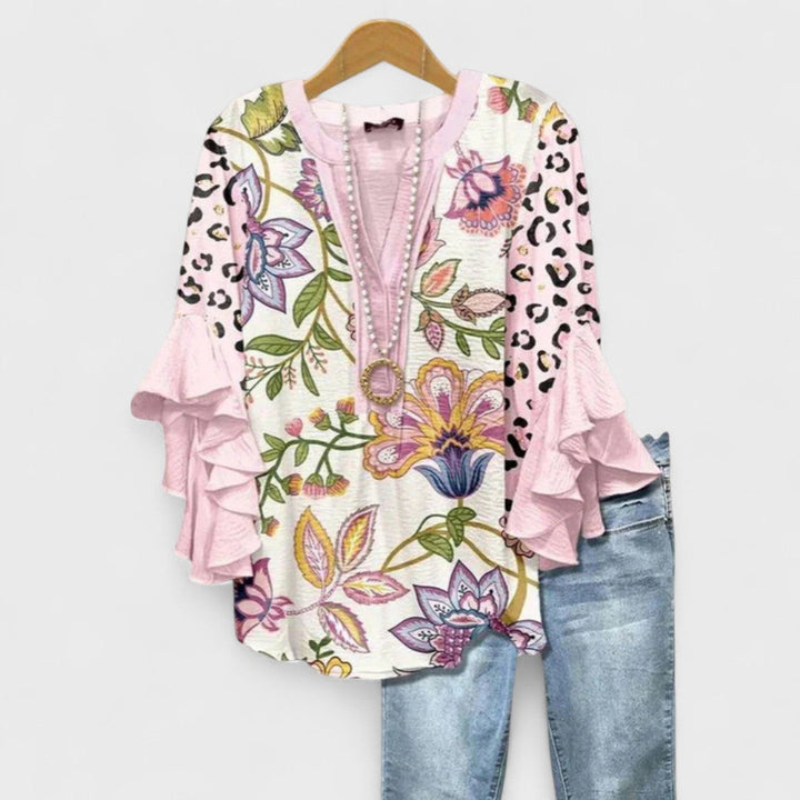 Women Linen V Neck Blouse Tiered Ruffle Bell Sleeve Floral Print Tunic Top