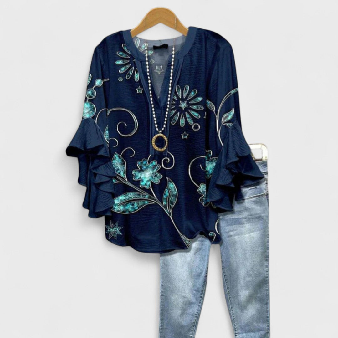 Women Linen V Neck Blouse Tiered Ruffle Bell Sleeve Floral Print Tunic Top