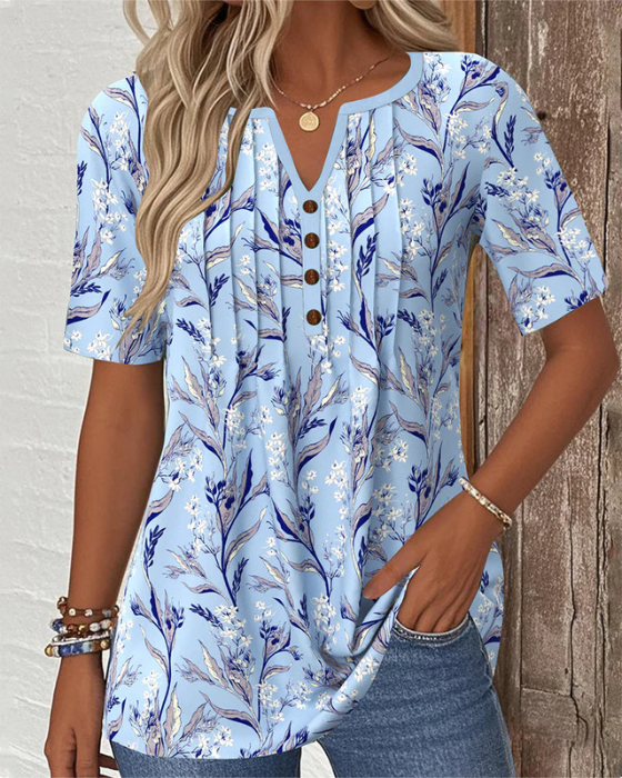 Women's Blouse Linen Floral Print Short Sleeve V Neck Top
