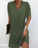 Women's Linen Blend V-Neck Short Sleeve Shift Dress
