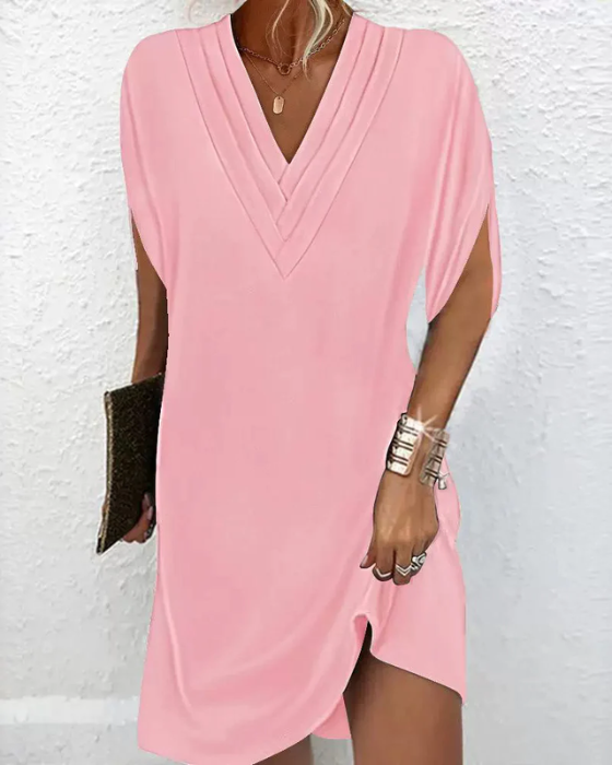 Women's Linen Blend V-Neck Short Sleeve Shift Dress