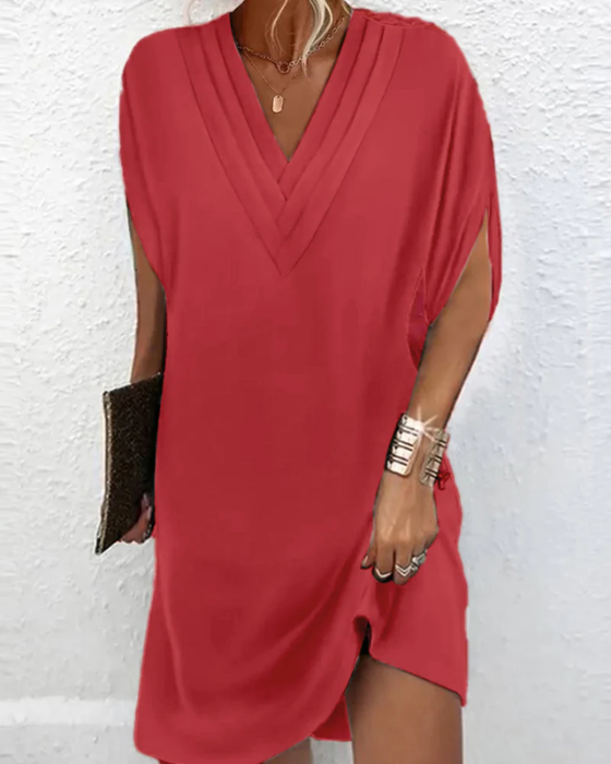 Women's Linen Blend V-Neck Short Sleeve Shift Dress
