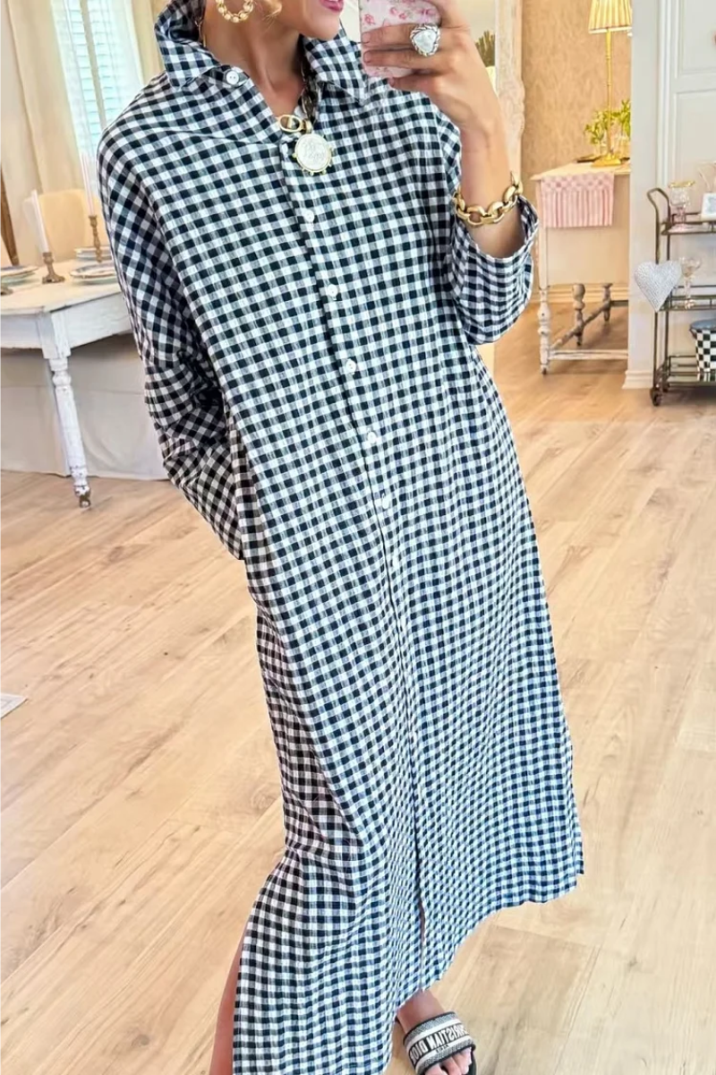 Women's Linen Plaid Maxi Long Sleeve Shirt Dress