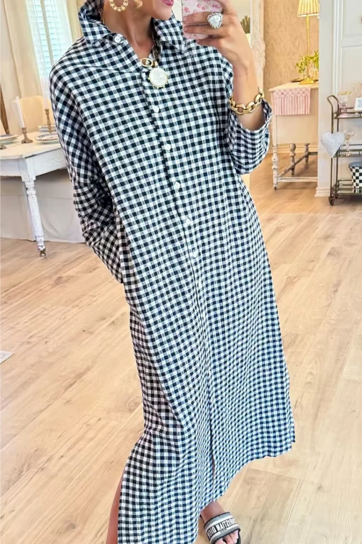 Women's Linen Plaid Maxi Long Sleeve Shirt Dress