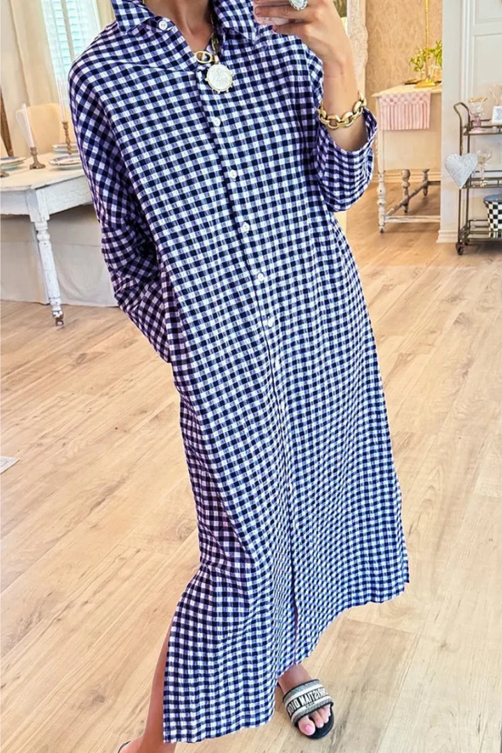 Women's Linen Plaid Maxi Long Sleeve Shirt Dress