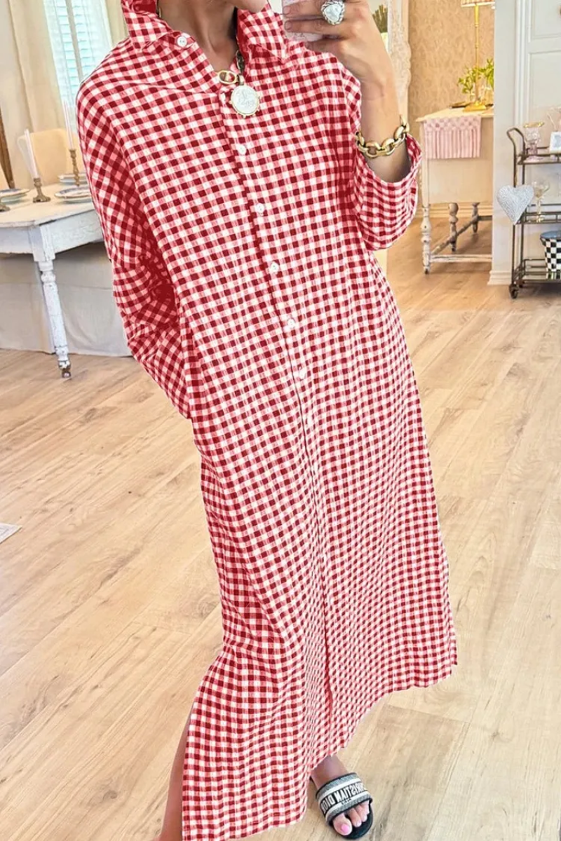 Women's Linen Plaid Maxi Long Sleeve Shirt Dress