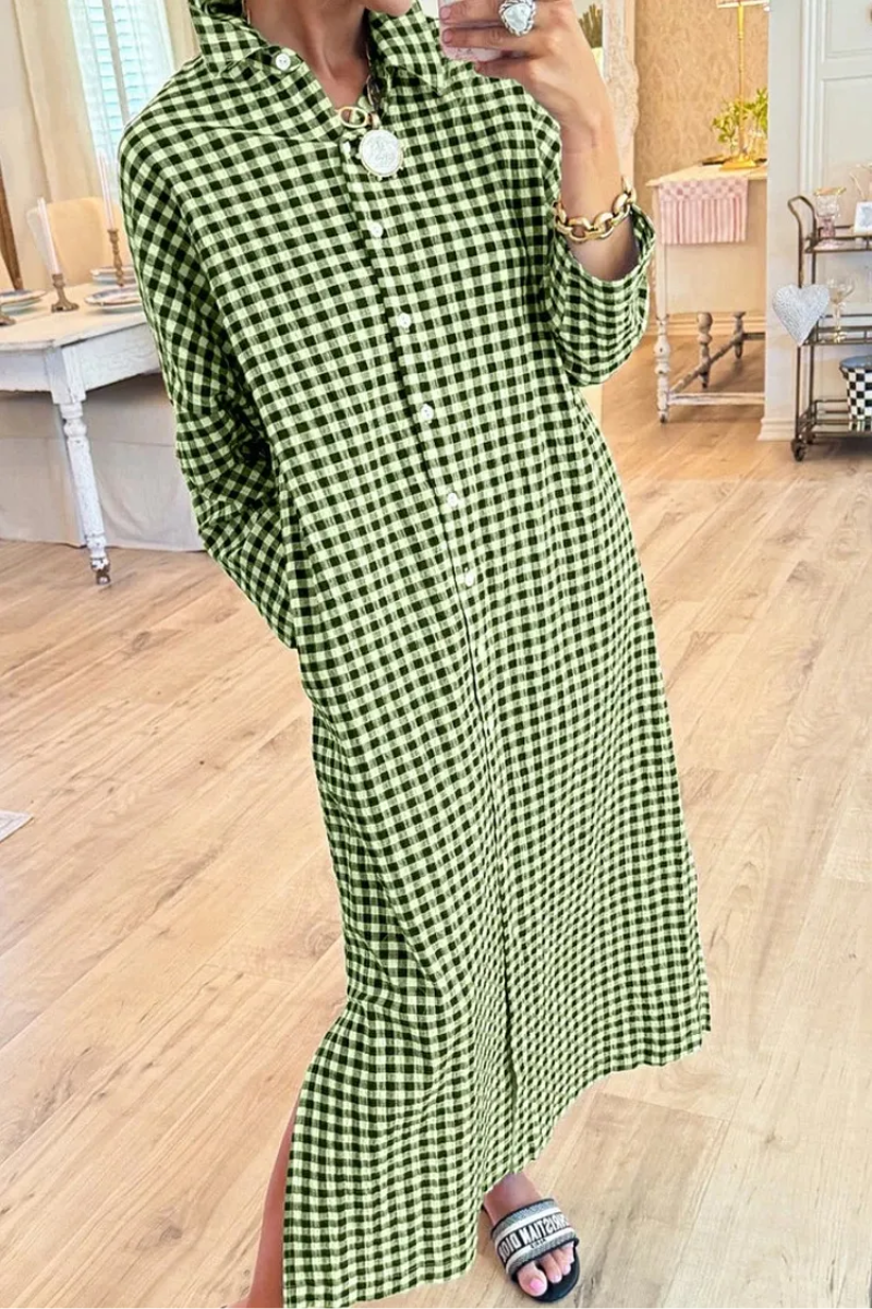 Women's Linen Plaid Maxi Long Sleeve Shirt Dress