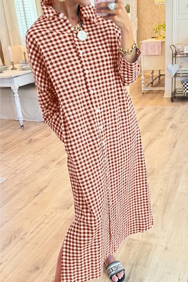 Women's Linen Plaid Maxi Long Sleeve Shirt Dress