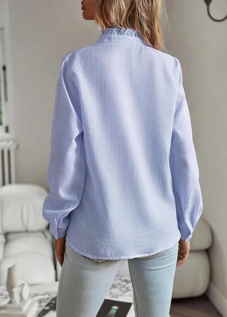 Women's Linen Blend Blouse  Ruffle Stand Collar Long Sleeve Shirt