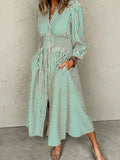 Women's Linen Striped Zip-Up Long Sleeve A-Line Maxi Dress