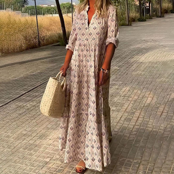 Linen Women Boho Maxi V-Neck Long Sleeve Flowy Kaftan Dress