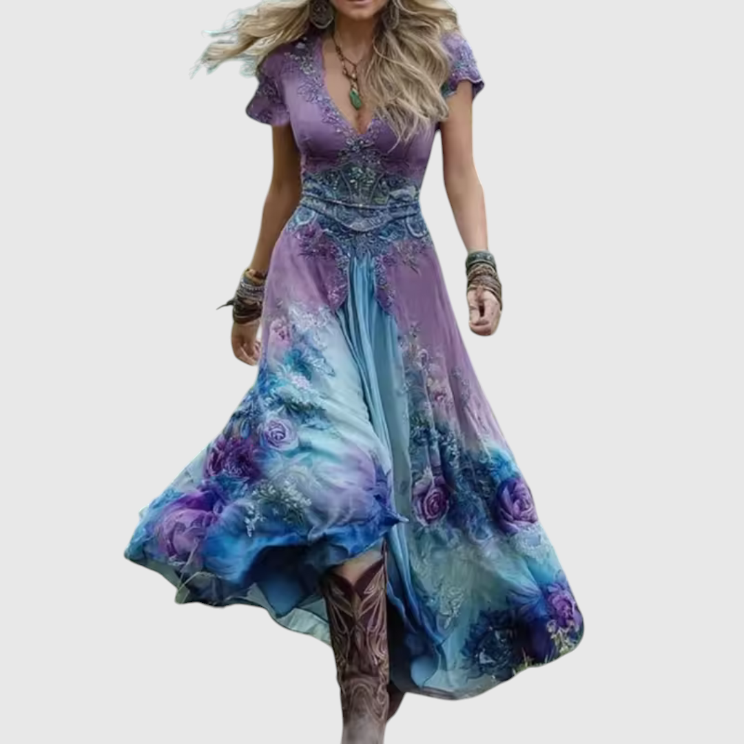 Women Linen V Neck Boho Maxi Dress