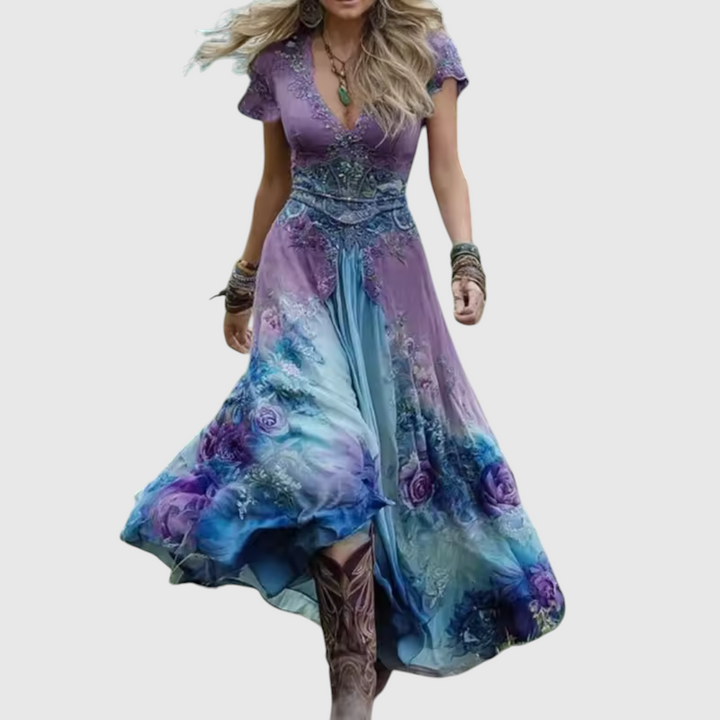 Women Linen V Neck Boho Maxi Dress