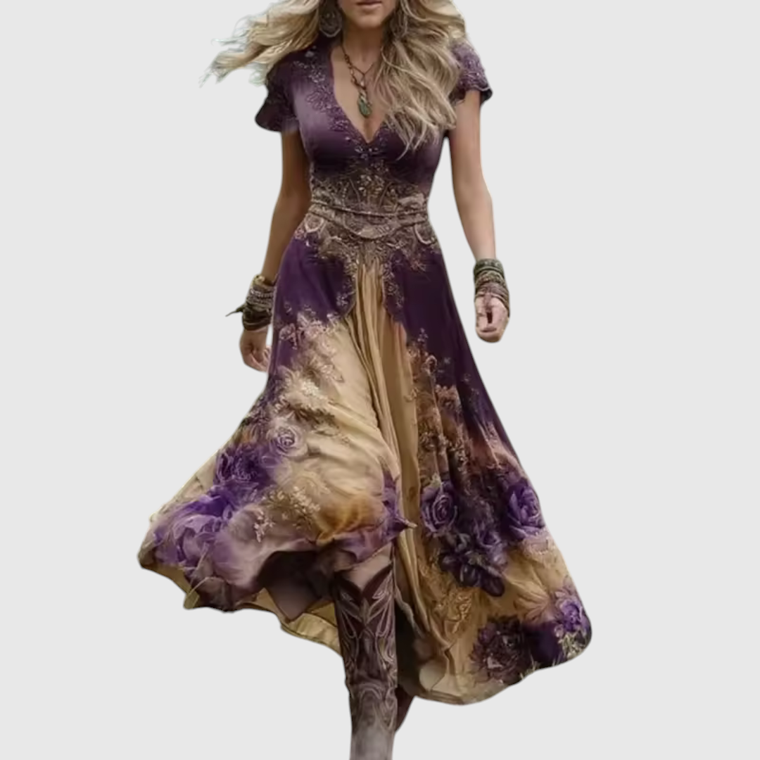 Women Linen V Neck Boho Maxi Dress