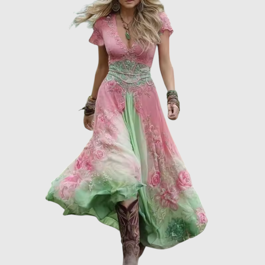 Women Linen V Neck Boho Maxi Dress