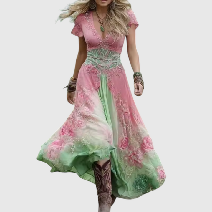 Women Linen V Neck Boho Maxi Dress