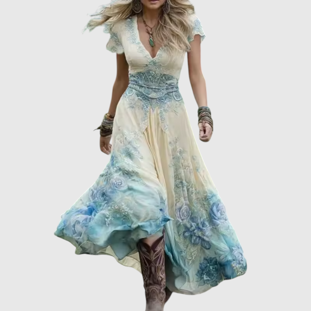 Women Linen V Neck Boho Maxi Dress