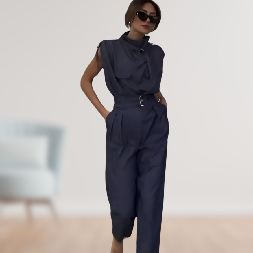 Women's Linen Blend High Neck Sleeveless Elegant Belted Jumpsuit