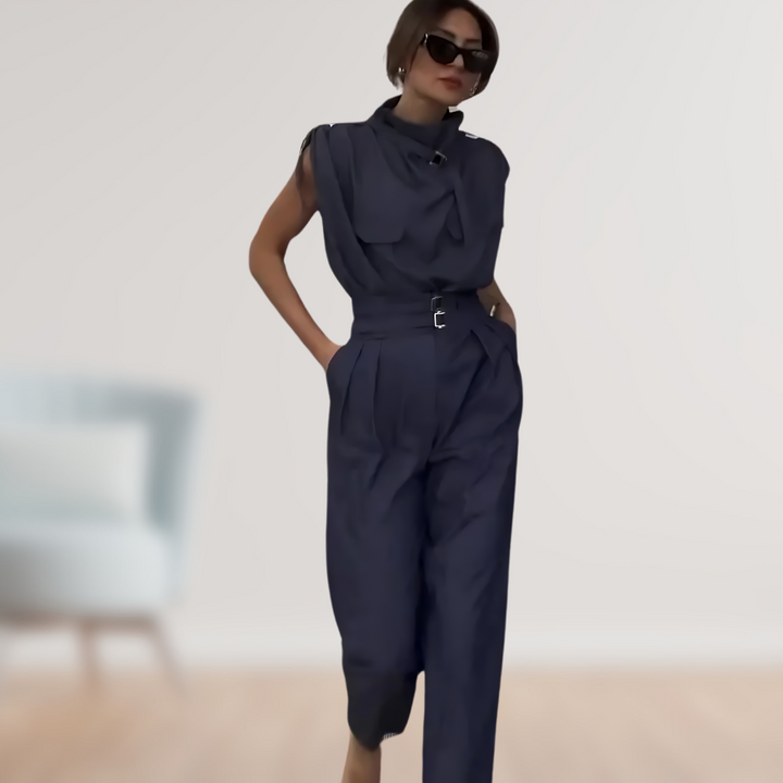 Women's Linen Blend High Neck Sleeveless Elegant Belted Jumpsuit