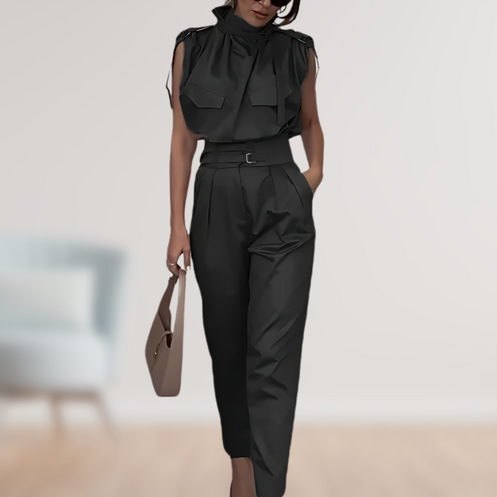 Women's Linen Blend High Neck Sleeveless Elegant Belted Jumpsuit