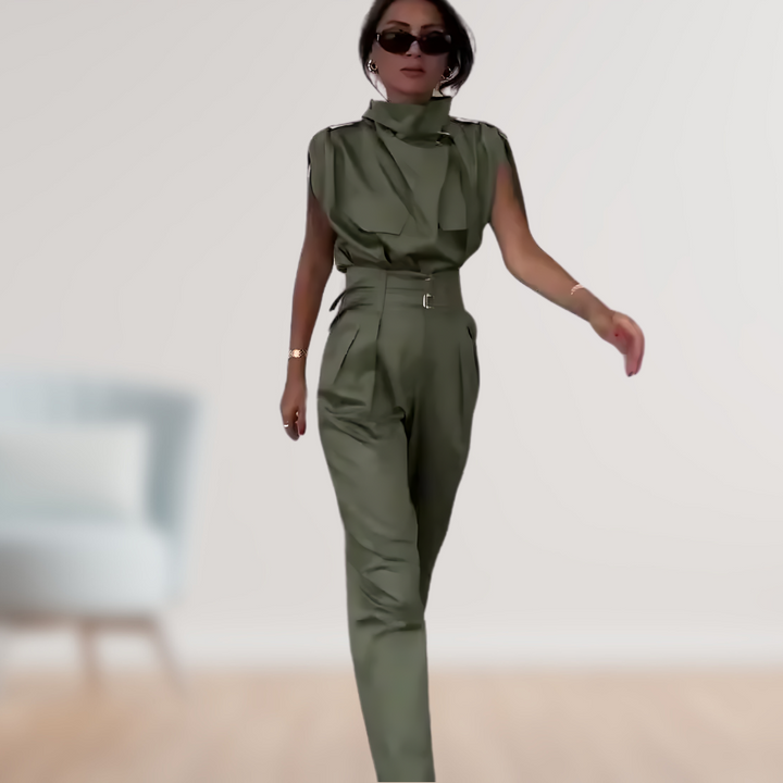 Women's Linen Blend High Neck Sleeveless Elegant Belted Jumpsuit