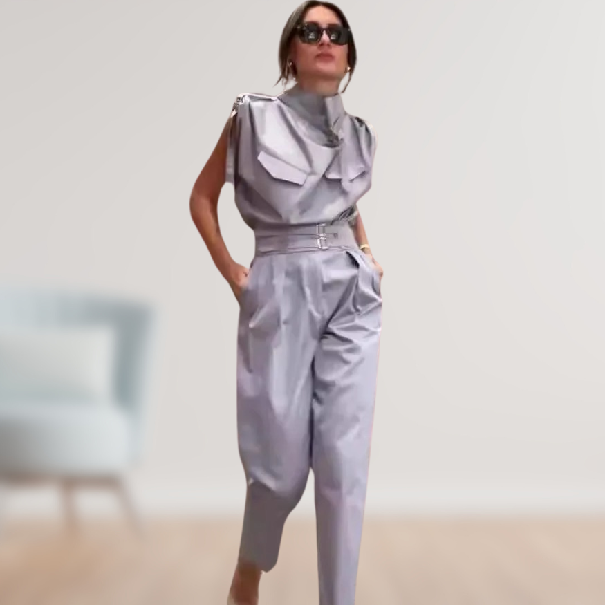Women's Linen Blend High Neck Sleeveless Elegant Belted Jumpsuit