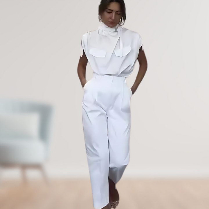 Women's Linen Blend High Neck Sleeveless Elegant Belted Jumpsuit
