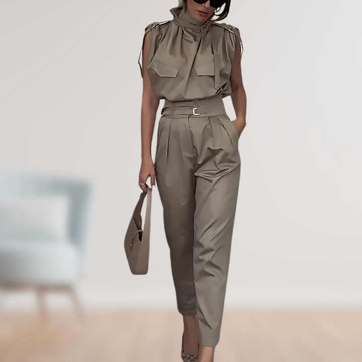 Women's Linen Blend High Neck Sleeveless Elegant Belted Jumpsuit