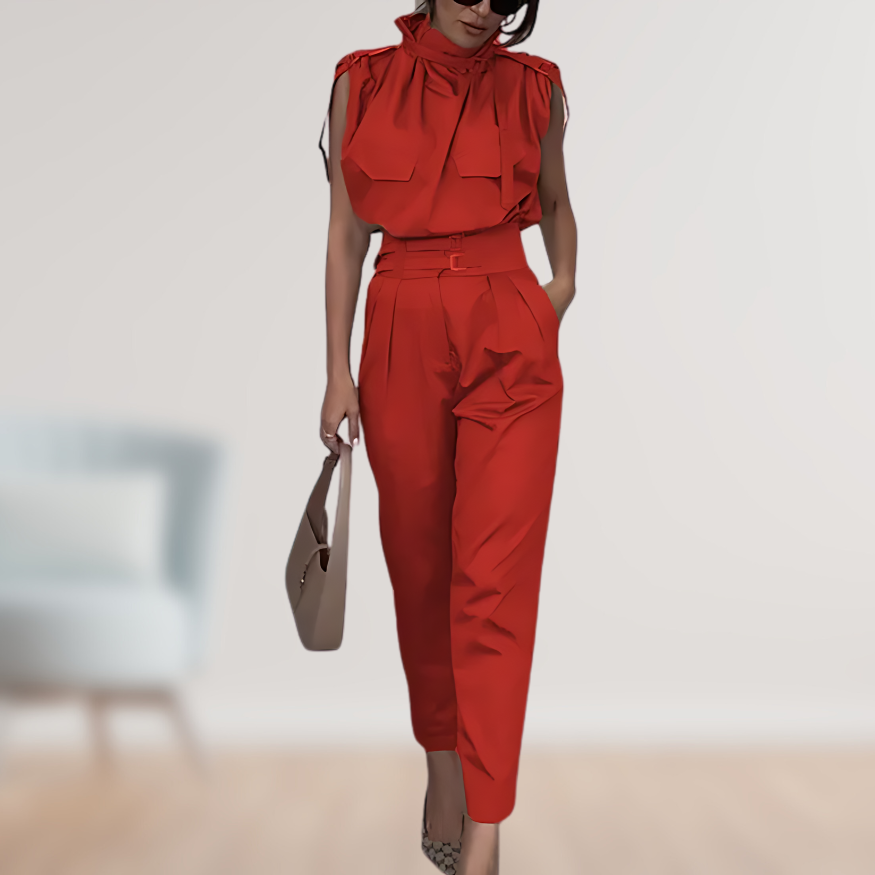 Women's Linen Blend High Neck Sleeveless Elegant Belted Jumpsuit