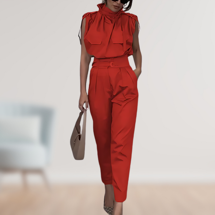 Women's Linen Blend High Neck Sleeveless Elegant Belted Jumpsuit