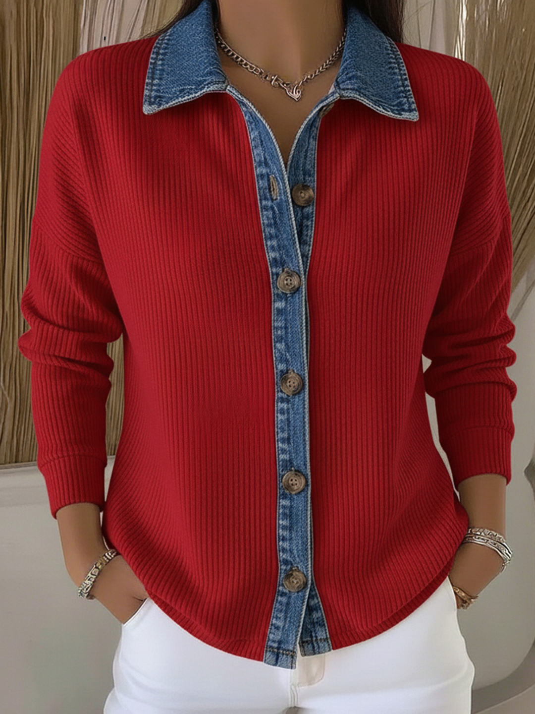 Women's Long Sleeve Knit Collar Button-Up Shirt