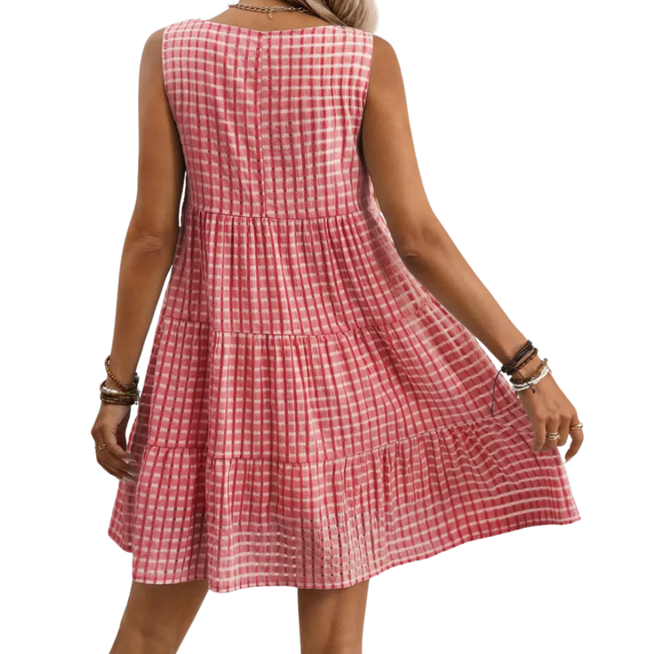 Women’s Linen-Blend Plaid Sleeveless Tiered Mini Dress