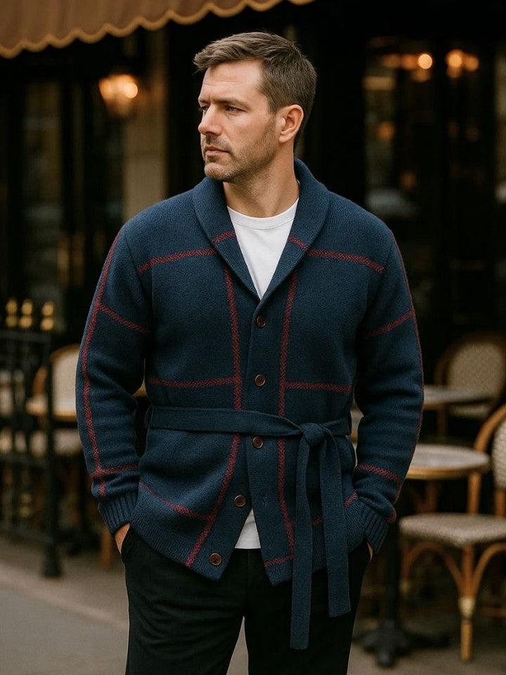 Men’s Wool-Blend Belted Plaid Knit Cardigan Coat
