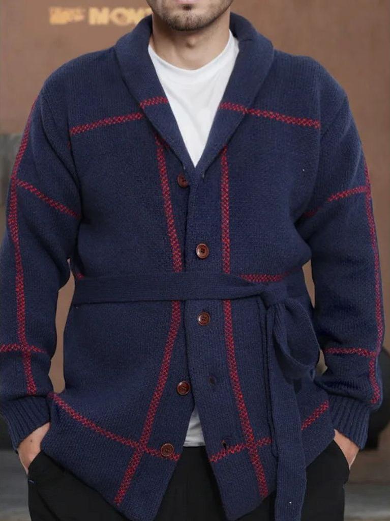 Men’s Wool-Blend Belted Plaid Knit Cardigan Coat