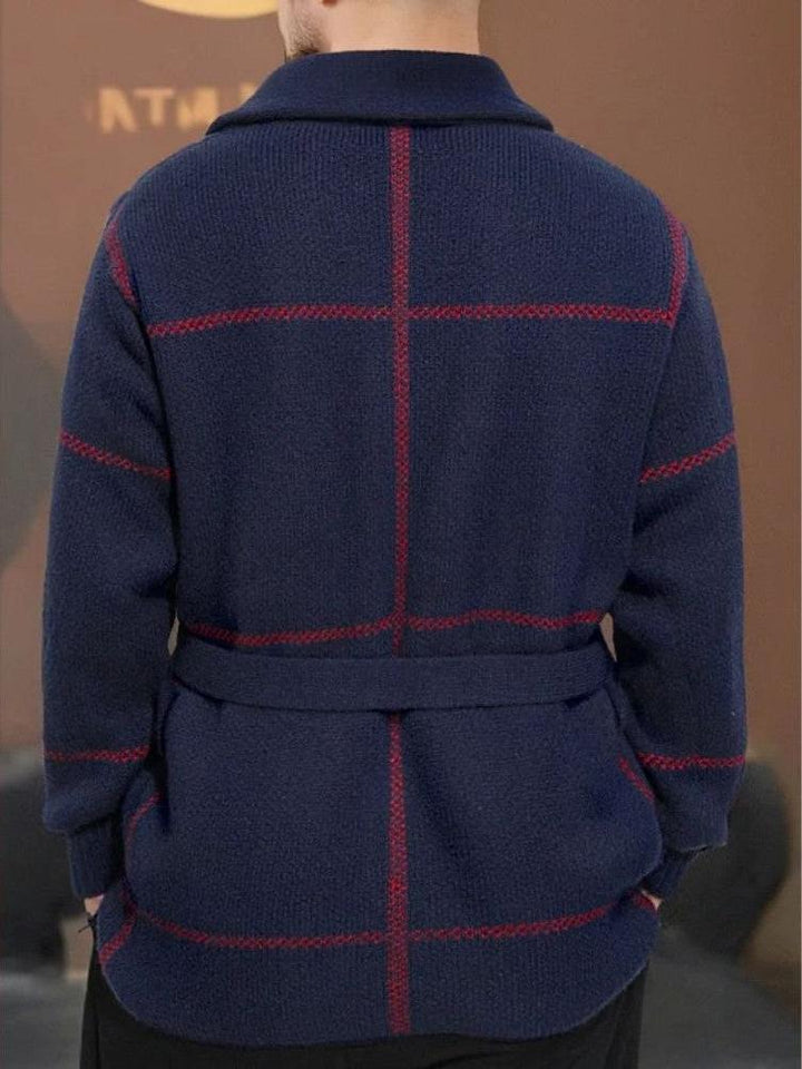 Men’s Wool-Blend Belted Plaid Knit Cardigan Coat