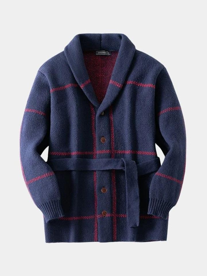 Men’s Wool-Blend Belted Plaid Knit Cardigan Coat