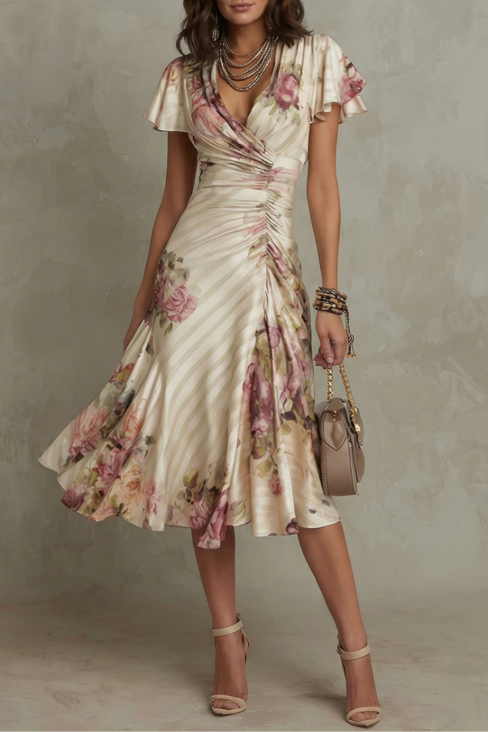 Women Silk Floral Wrap Midi Dress