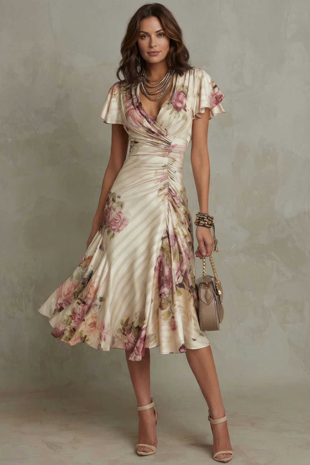 Women Silk Floral Wrap Midi Dress