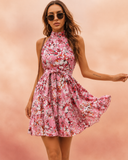 Robe patineuse mini fleurie évasée en mousseline pour femme, à col licou
