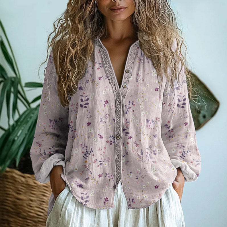 Women Linen Blouse Long Sleeve Casual V Neck Shirt