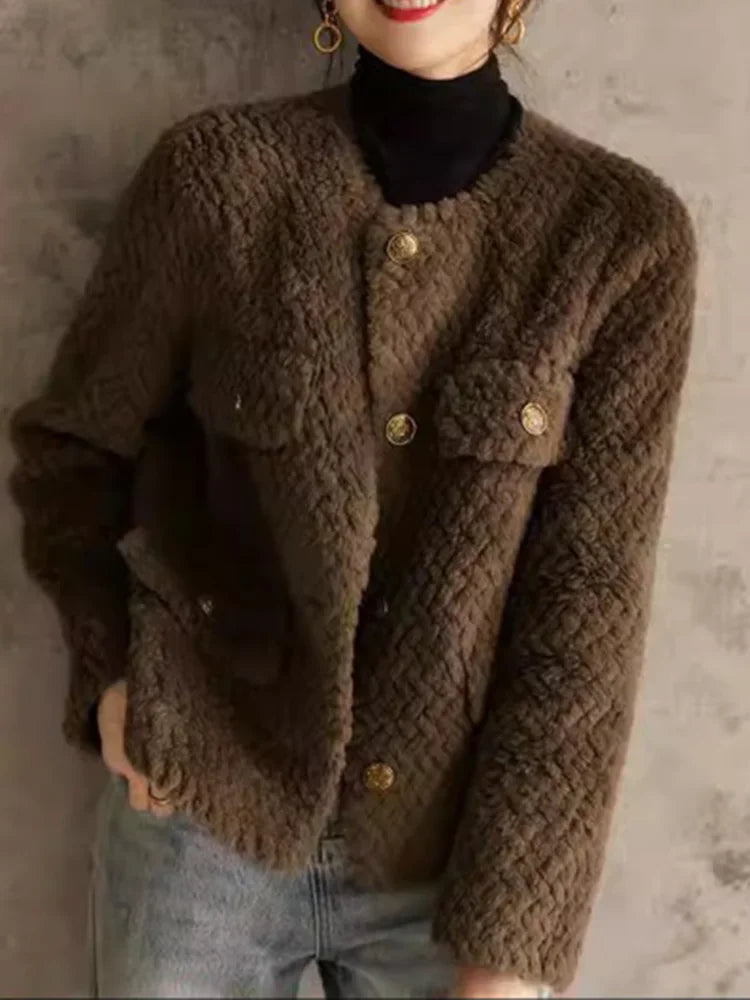 Women's Wool Tweed Jacket Knit Cardigan Outerwear Top