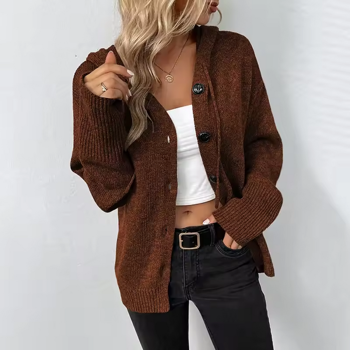 Women's Knit Hooded Cardigan Loose Long Sleeve Button Down Sweater Jacket