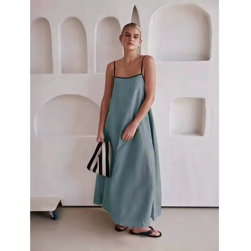 Γυναικείο λινό μάξι φόρεμα τύπου camisole σε γραμμή Α με τιράντες