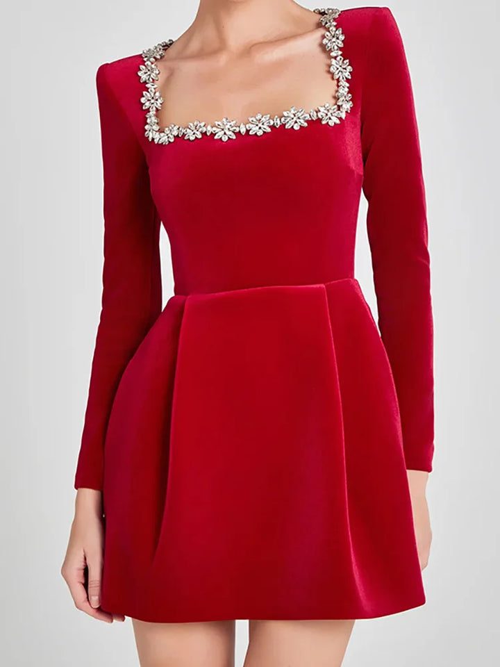 Women's Embellished Square Neck Long Sleeve Velvet Mini Dress